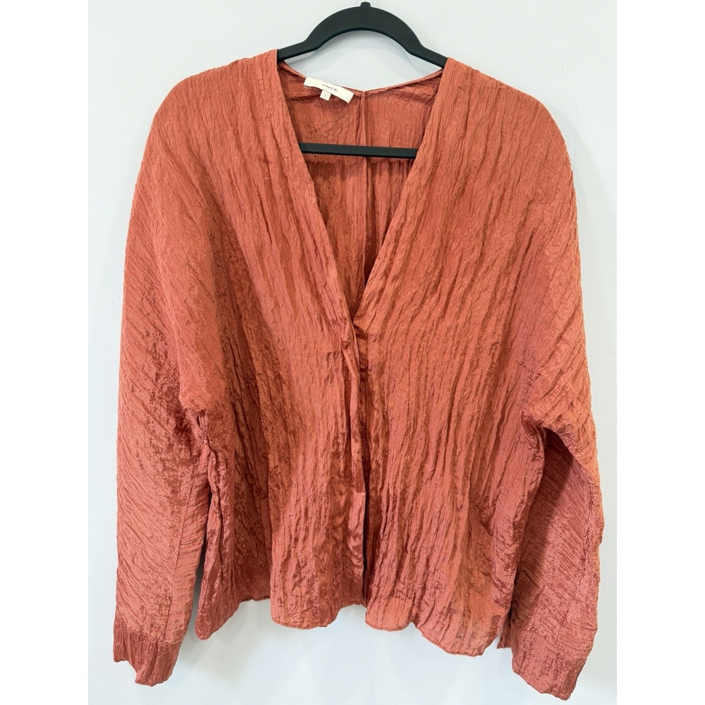 Vince Women's Large Rust Orange Crinkle Pull Over Long Sleeve Blouse